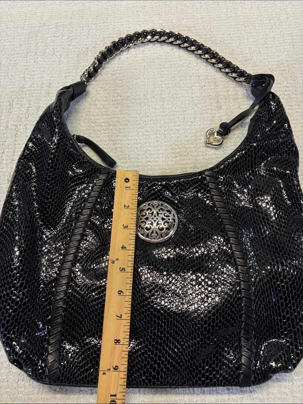 Brighton Black Leather Snakeskin Hobo Shoulder Bag Heart Charm